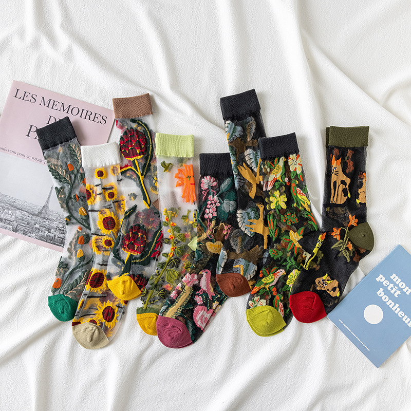 Silk Sock Bamboo - 1/4 Pairs Retro Flower Women Glass