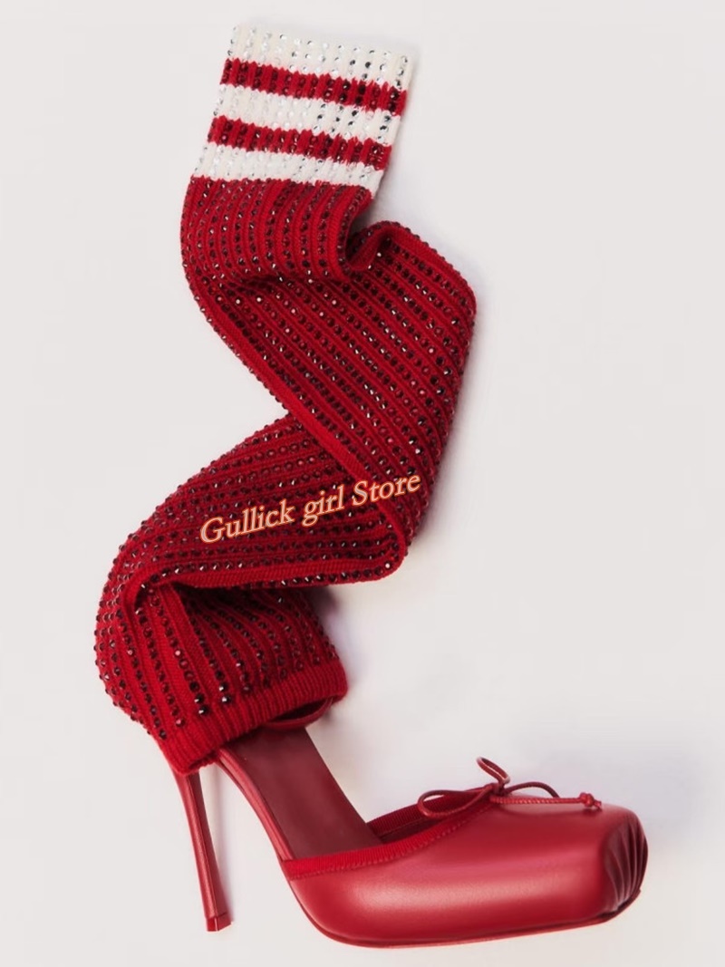Red Knit Square Toe Boots Cut  - đánh giá và giá Knee High Sock Women